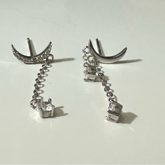 Asymmetric Crescent Moon Cubic Zironia Stud Earrings with Threader Chain Dangle - Picture 2 of 2